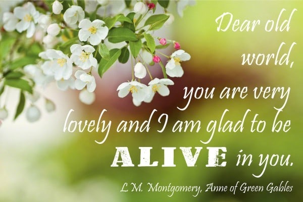 Dear old world, you are very lovely and I am glad to be alive in you. L.M. Montgomery, Anne of Green Gables