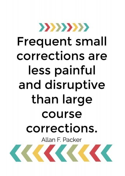 Frequent small corrections are less painful and disruptive than large course corrections. Allan F Packer