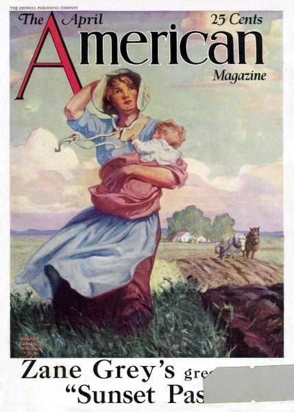 American Magazine Pioneer woman with apron holding baby