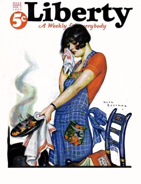 Liberty magazine woman with apron holding burnt food