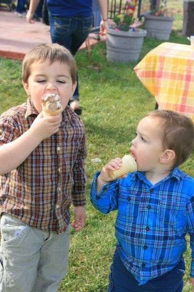 Gideon and Jason indulging in ice cream.