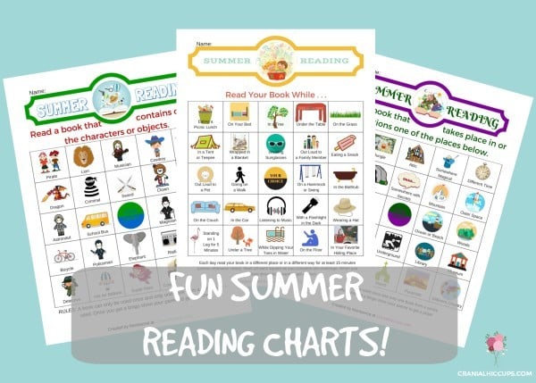 FUN SUMMER READING CHARTS! Three different charts to keep kids engaged in reading new books this summer. One chart is HOW or WHERE to read a book for at least 15 minutes a day. Another tells what CHARACTER or OBJECT should be in a book. The last is for WHERE or WHAT TIME the book takes place. From CranialHiccups.com