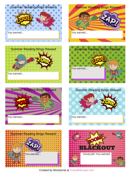 Fill out the rewards your child can earn if they get a bingo or a blackout with their summer reading charts!