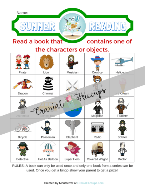 Character or Object Summer Reading Chart -Read a book that contains one of the characters or objects on the chart then mark that spot off. The only rules are a book can only be used once and only one book from a series can be used. What a great idea to expand your kids' reading list right?