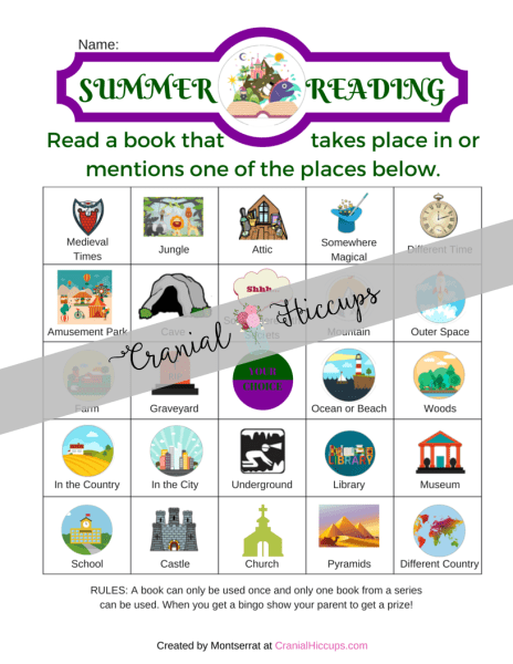 Place or Time Summer Reading Charts- Another fun and different summer reading chart. The kids have to read a book that contains one of the characters or objects in the Summer Reading chart. When they get a bingo they get a special prize that you decide. The only rules are a book can only be used once and only one book from a series can be used. What a great idea to expand your kids' reading list right?