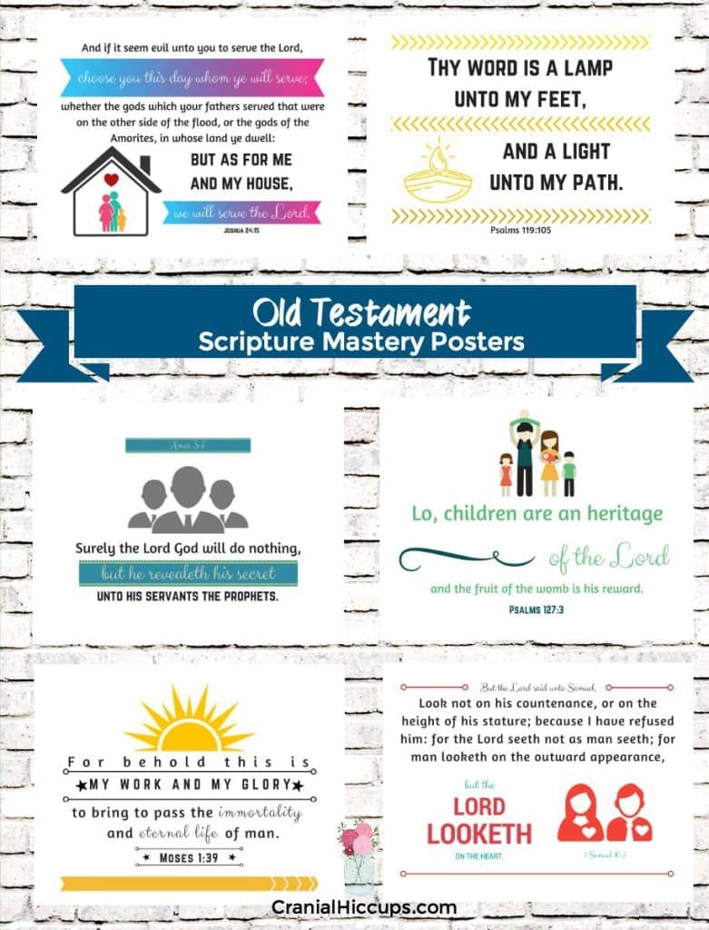 Old Testament Scripture Mastery Posters 11x8.5 inches for easy printing at home or a local print shop. Great for seminary classrooms!