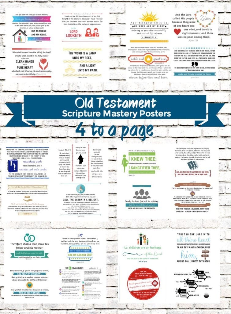 Old Testament Scripture Mastery Posters 4 to a page. These are great to use as flash cards or to play games in smaller groups. Contains all the revised Old Testament Scripture Mastery verses for 2015-2016.
