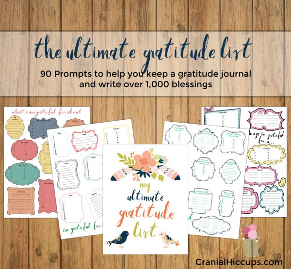 The ultimate gratitude list contains 90 prompts on ten pages to help you create a gratitude journal. When you are done you will have written down 1,000 blessings! Truly a Thanksgiving treat!