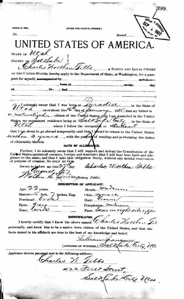 Charles Worthen Gibbs Passport application