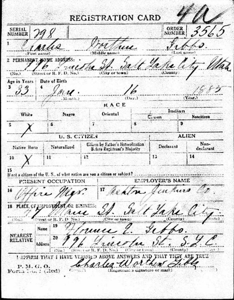 Charles Worthen Gibbs WWI draft card front