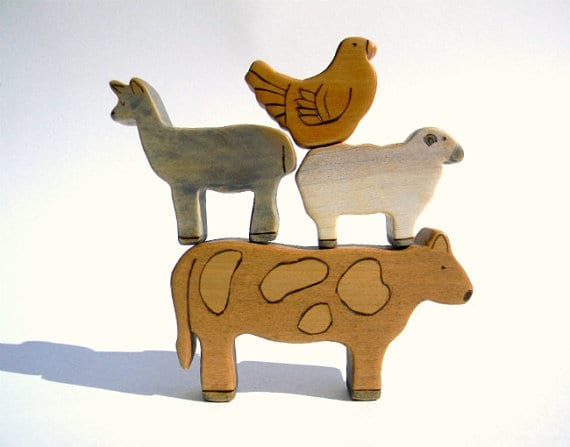 handmade wooden farm animals