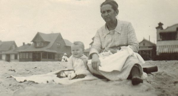 Betty Gibbs (baby, great-grandmother) with Matie Salisbury (3rd great-grandmother) at the beach