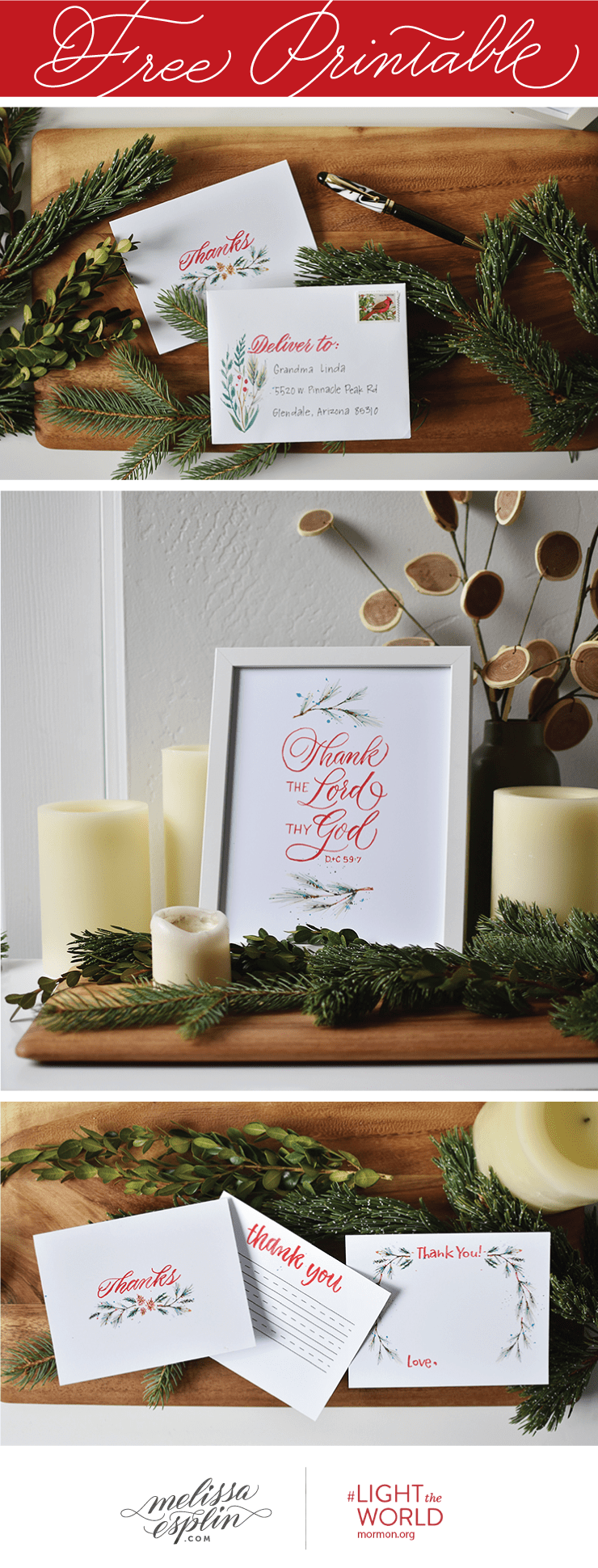 Free thank you cards, envelope, and Thank the Lord print from Melissa Esplin. #LIGHTtheWORLD